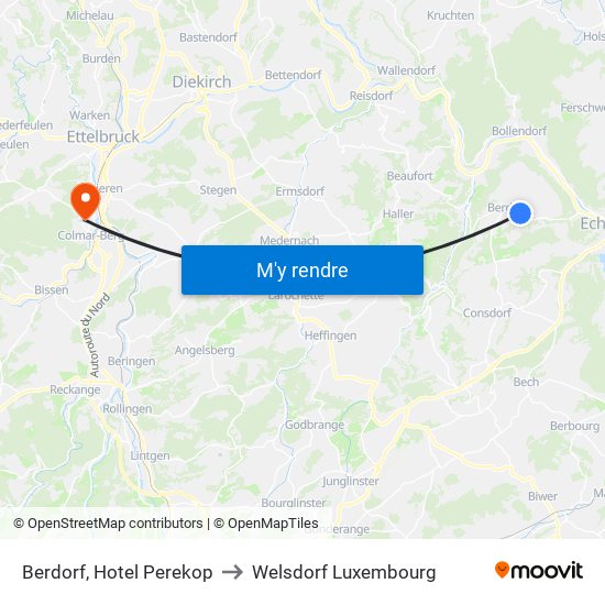 Berdorf, Hotel Perekop to Welsdorf Luxembourg map