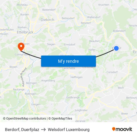 Berdorf, Duerfplaz to Welsdorf Luxembourg map