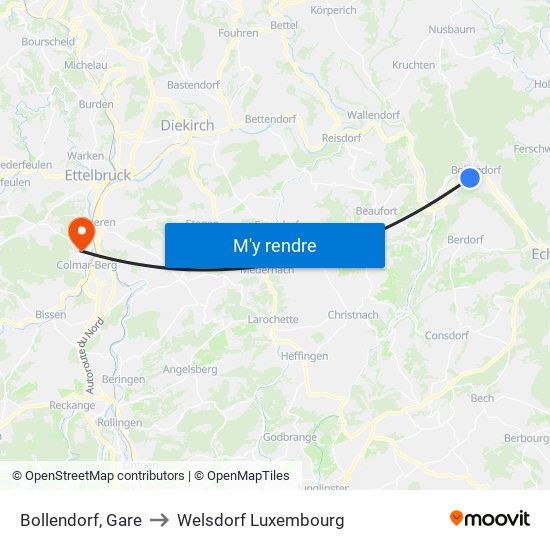 Bollendorf, Gare to Welsdorf Luxembourg map