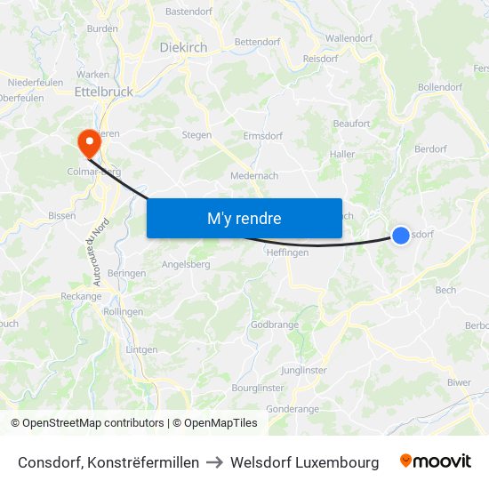 Consdorf, Konstrëfermillen to Welsdorf Luxembourg map