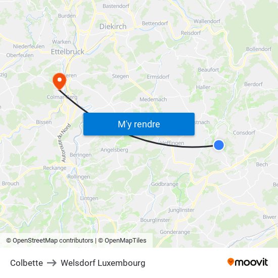 Colbette to Welsdorf Luxembourg map