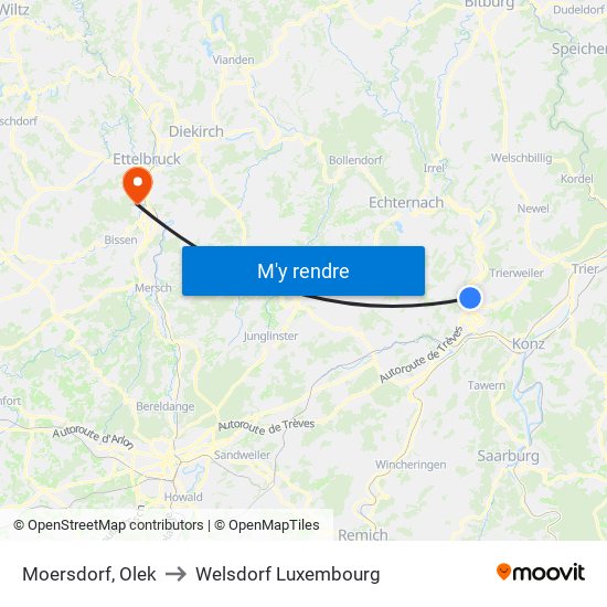 Moersdorf, Olek to Welsdorf Luxembourg map