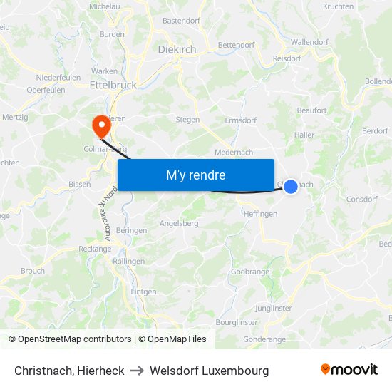 Christnach, Hierheck to Welsdorf Luxembourg map