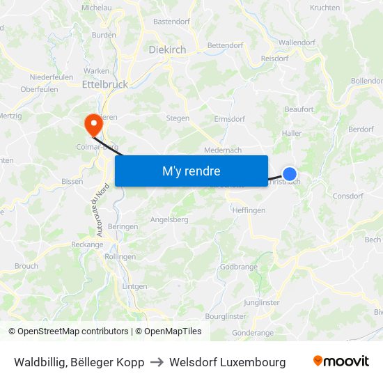 Waldbillig, Bëlleger Kopp to Welsdorf Luxembourg map