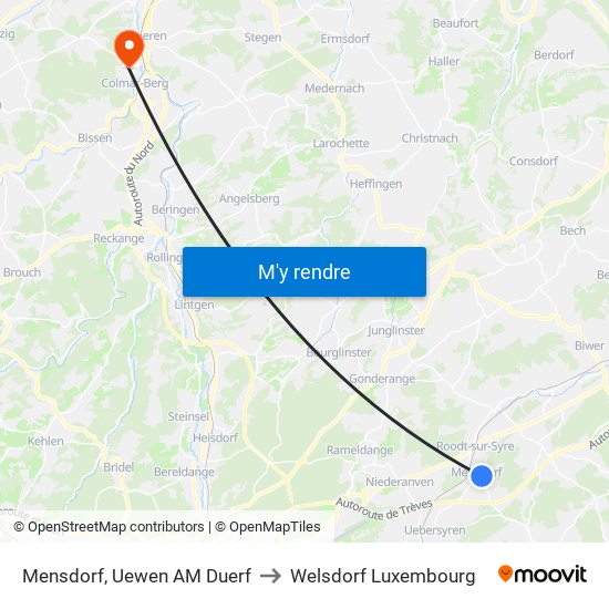 Mensdorf, Uewen AM Duerf to Welsdorf Luxembourg map