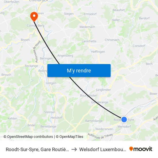 Roodt-Sur-Syre, Gare Routière to Welsdorf Luxembourg map