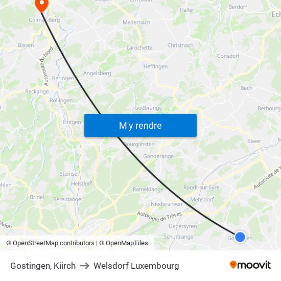 Gostingen, Kiirch to Welsdorf Luxembourg map