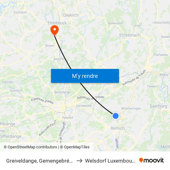 Greiveldange, Gemengebréck to Welsdorf Luxembourg map