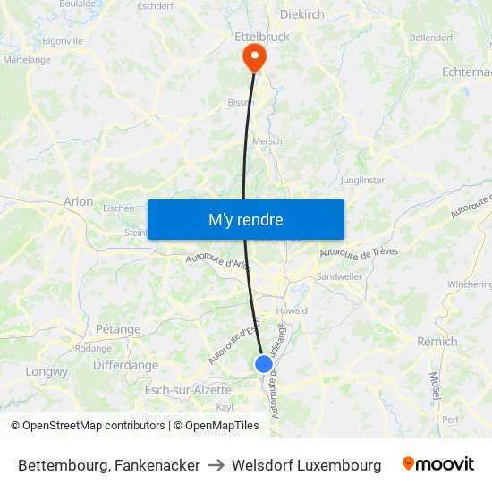 Bettembourg, Fankenacker to Welsdorf Luxembourg map