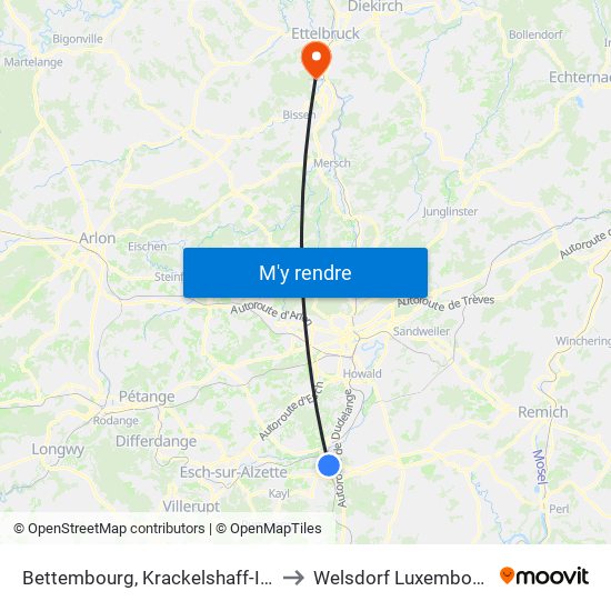 Bettembourg, Krackelshaff-Ifsb to Welsdorf Luxembourg map