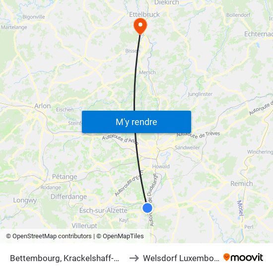 Bettembourg, Krackelshaff-Moog to Welsdorf Luxembourg map