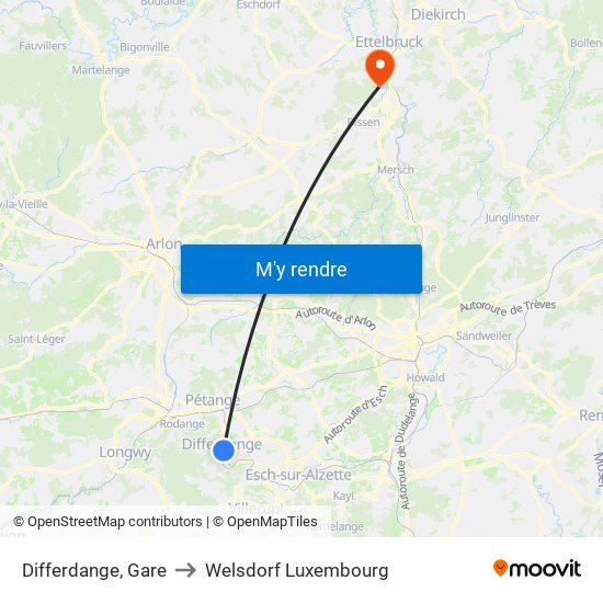 Differdange, Gare to Welsdorf Luxembourg map