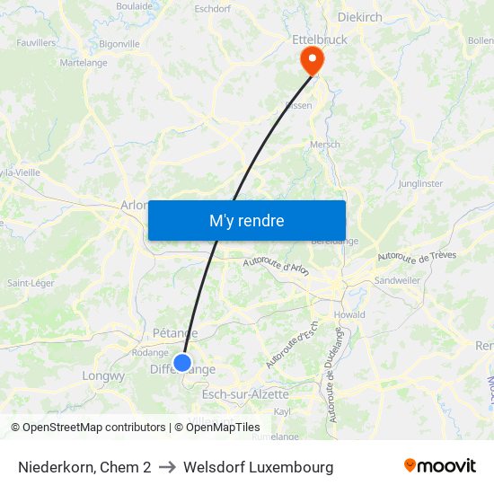 Niederkorn, Chem 2 to Welsdorf Luxembourg map