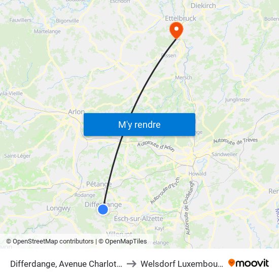 Differdange, Avenue Charlotte to Welsdorf Luxembourg map