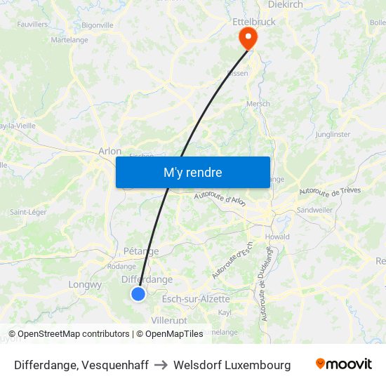Differdange, Vesquenhaff to Welsdorf Luxembourg map