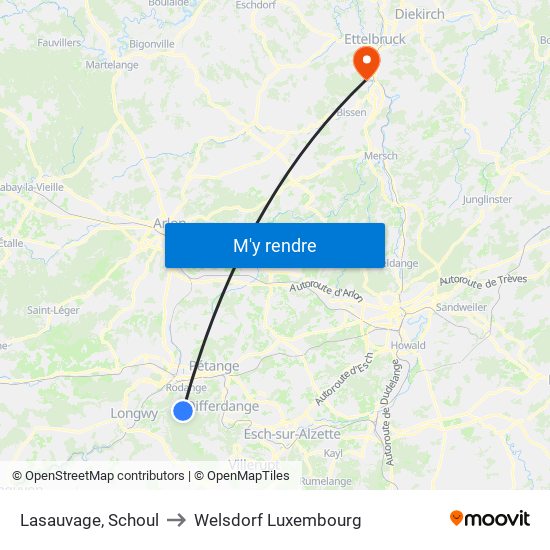 Lasauvage, Schoul to Welsdorf Luxembourg map