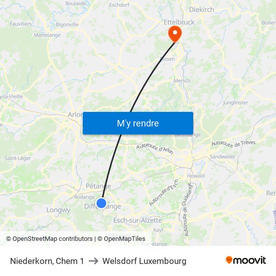 Niederkorn, Chem 1 to Welsdorf Luxembourg map