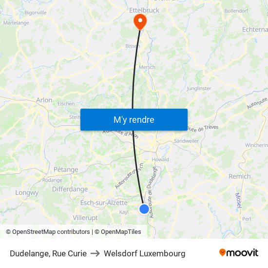 Dudelange, Rue Curie to Welsdorf Luxembourg map
