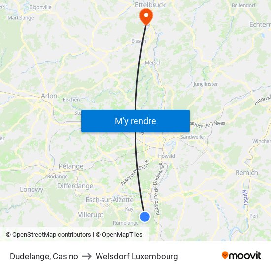 Dudelange, Casino to Welsdorf Luxembourg map