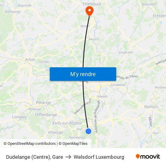 Dudelange (Centre), Gare to Welsdorf Luxembourg map