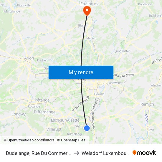 Dudelange, Rue Du Commerce to Welsdorf Luxembourg map