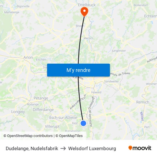 Dudelange, Nudelsfabrik to Welsdorf Luxembourg map