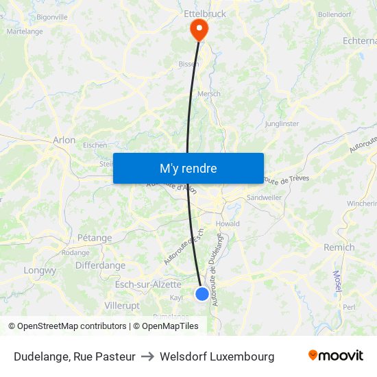 Dudelange, Rue Pasteur to Welsdorf Luxembourg map