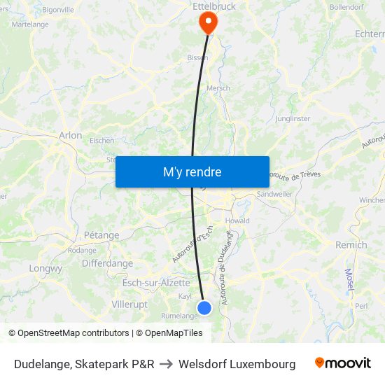 Dudelange, Skatepark P&R to Welsdorf Luxembourg map