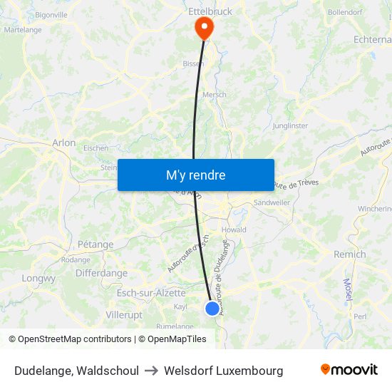 Dudelange, Waldschoul to Welsdorf Luxembourg map