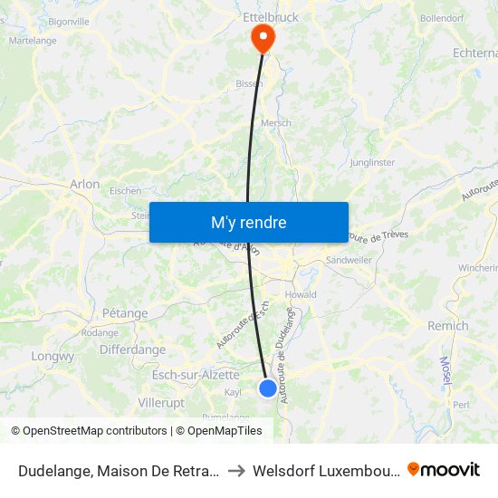 Dudelange, Maison De Retraite to Welsdorf Luxembourg map