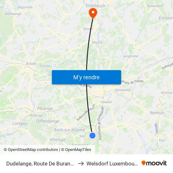 Dudelange, Route De Burange to Welsdorf Luxembourg map
