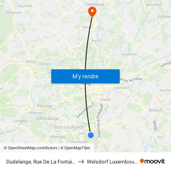 Dudelange, Rue De La Fontaine to Welsdorf Luxembourg map