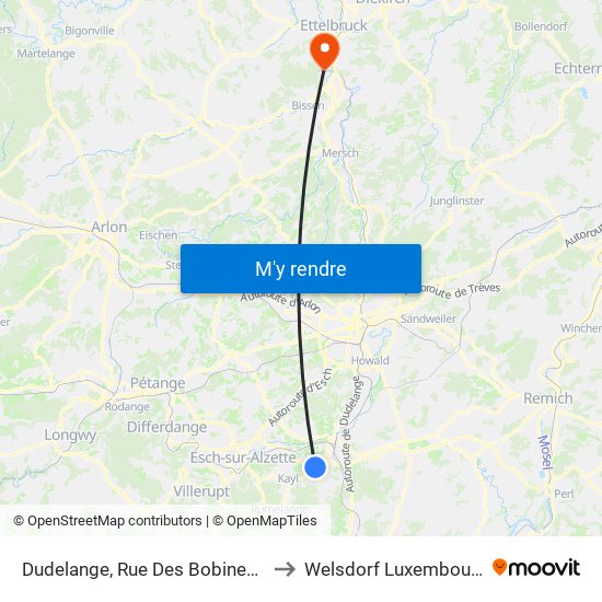 Dudelange, Rue Des Bobineurs to Welsdorf Luxembourg map