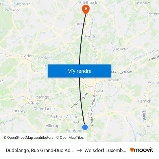 Dudelange, Rue Grand-Duc Adolphe to Welsdorf Luxembourg map