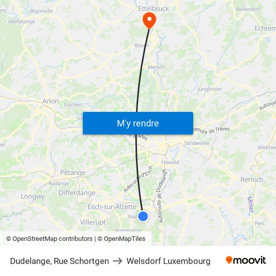 Dudelange, Rue Schortgen to Welsdorf Luxembourg map