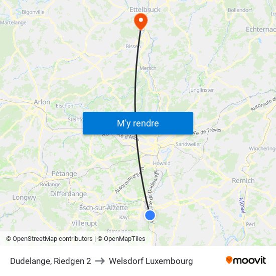 Dudelange, Riedgen 2 to Welsdorf Luxembourg map