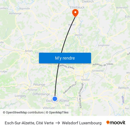 Esch-Sur-Alzette, Cité Verte to Welsdorf Luxembourg map