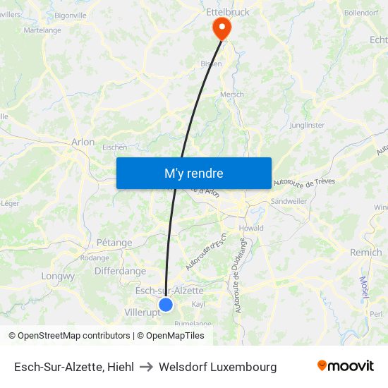 Esch-Sur-Alzette, Hiehl to Welsdorf Luxembourg map