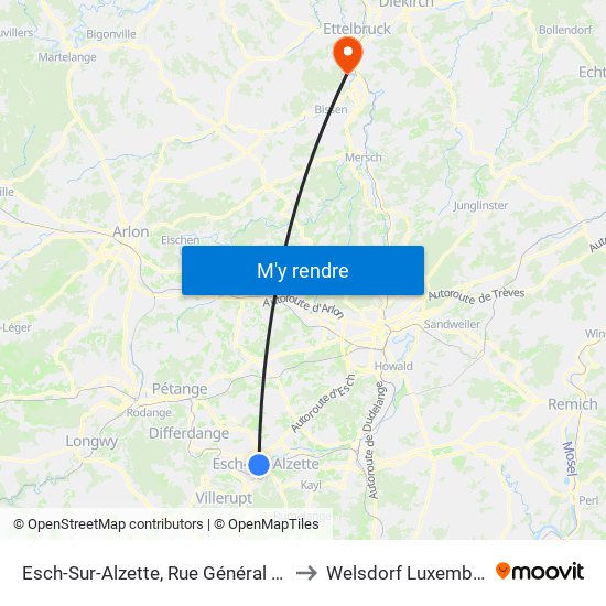 Esch-Sur-Alzette, Rue Général Patton to Welsdorf Luxembourg map