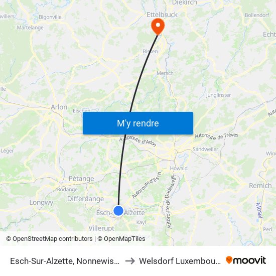 Esch-Sur-Alzette, Nonnewisen to Welsdorf Luxembourg map
