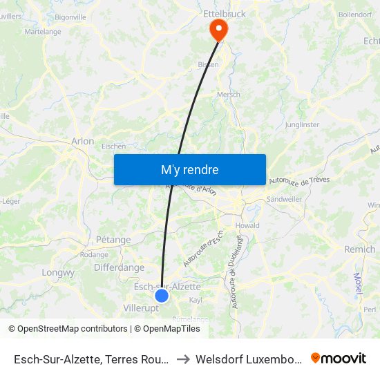 Esch-Sur-Alzette, Terres Rouges to Welsdorf Luxembourg map