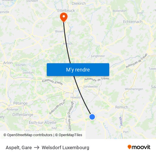 Aspelt, Gare to Welsdorf Luxembourg map