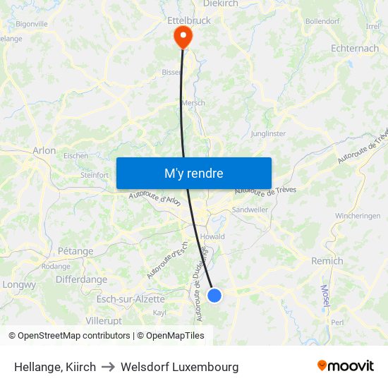 Hellange, Kiirch to Welsdorf Luxembourg map