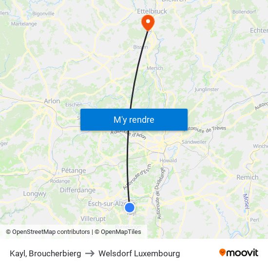 Kayl, Broucherbierg to Welsdorf Luxembourg map