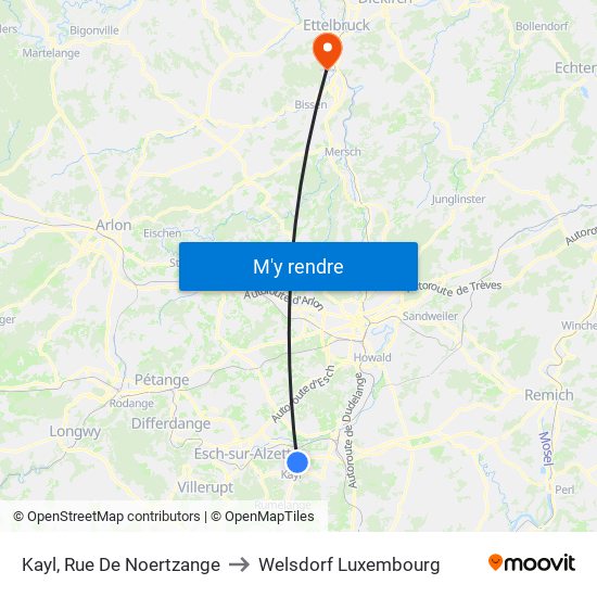 Kayl, Rue De Noertzange to Welsdorf Luxembourg map