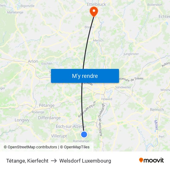 Tétange, Kierfecht to Welsdorf Luxembourg map