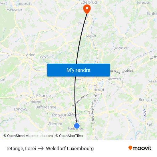 Tétange, Lorei to Welsdorf Luxembourg map