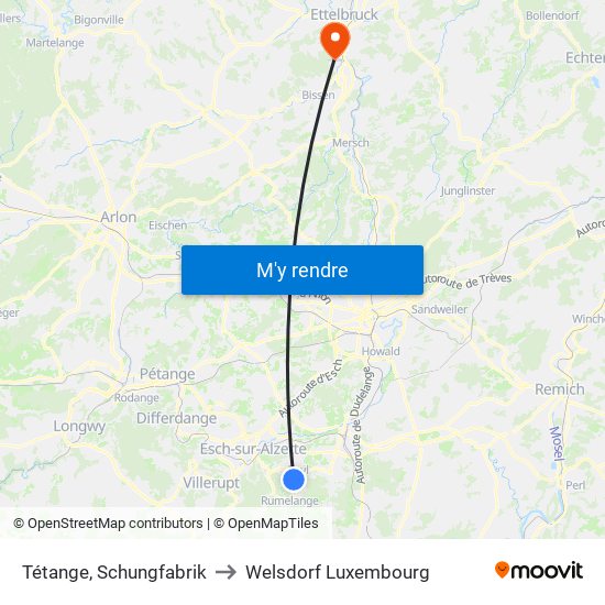 Tétange, Schungfabrik to Welsdorf Luxembourg map