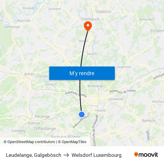 Leudelange, Galgebösch to Welsdorf Luxembourg map