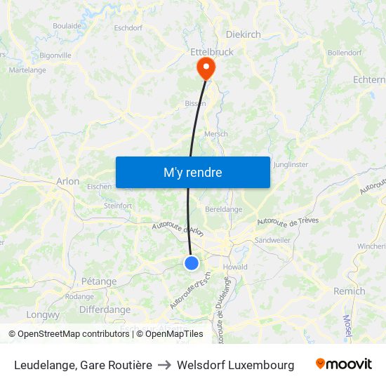 Leudelange, Gare Routière to Welsdorf Luxembourg map